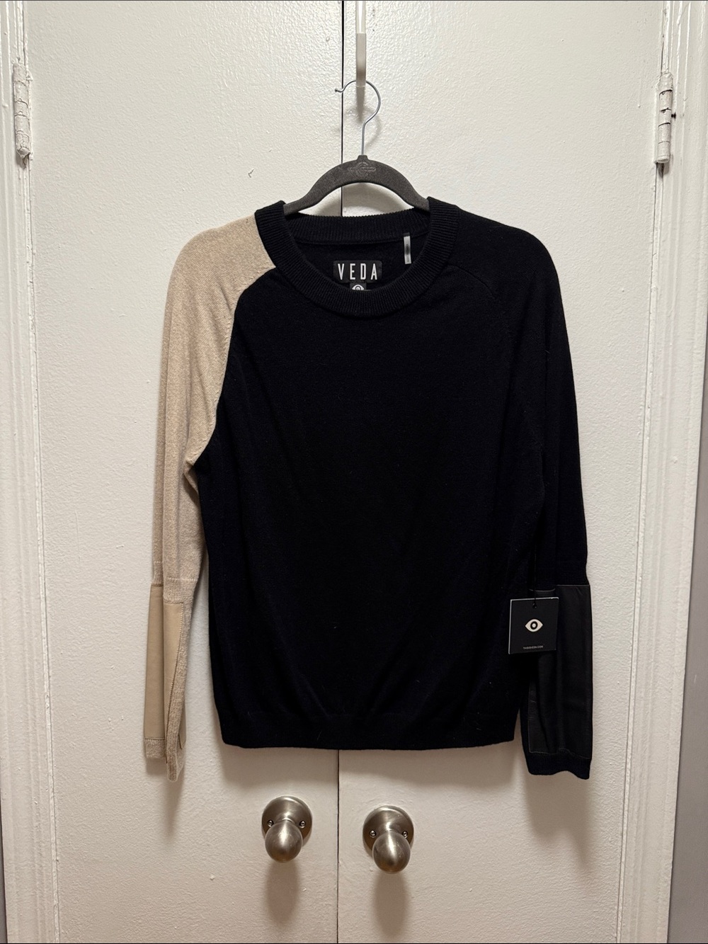 Veda Black Sweater with Beige Contrast Sleeve with genuine leather patches